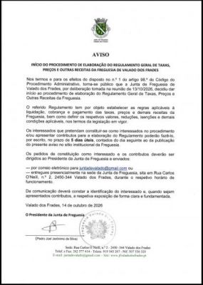 IN&Iacute;CIO DO PROCEDIMENTO DE ELABORA&Ccedil;&Atilde;O DO REGULAMENTO GERAL DE TAXAS, PRE&Ccedil;OS E OUTRAS RECEITAS DA FREGUESIA DE VALADO DOS FRADES